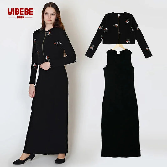 XS-XXXL Women's Cardiga Outfit Casual Bodycon Ribbed Tank Maxi Dress Slim Fit Long Dresses Zip Elegant Sweatshirt Dress Sets New