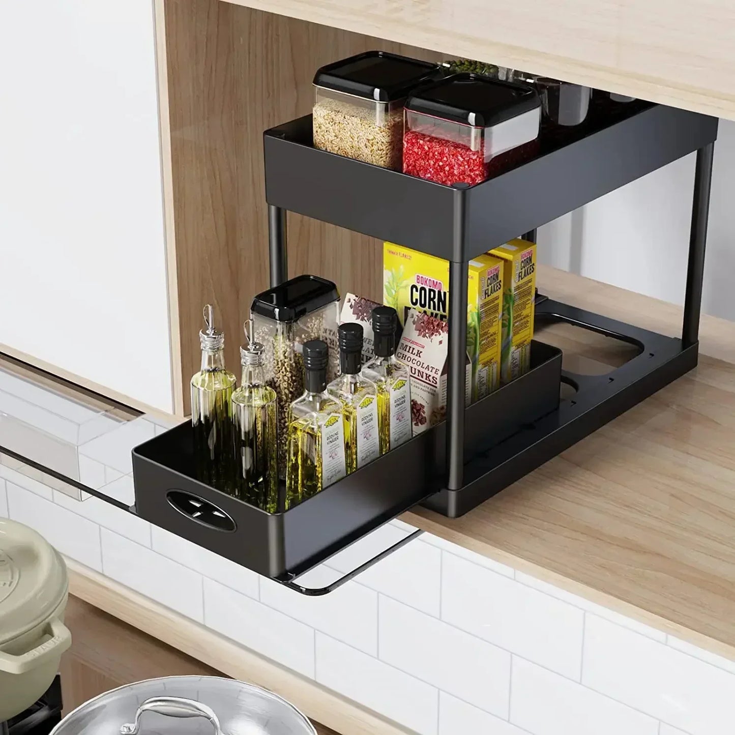 New 2 Tier Under Sink Organizer Sliding Cabinet Basket  Kitchen Organizer Organizer Storage Rack with Hooks Hanging Cup Bathroom