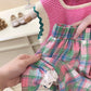 Girl's Clothing Sets 2025 Summer Korean Pink Thin Knitted Girl Set Children Hollow Breathable Vest +Flower Bud Shorts Two-piece