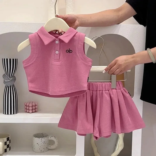 Girls Fashionable Two-Piece Set with Thin Lapel Trendy Sweet Cool Children's Clothing Ensemble