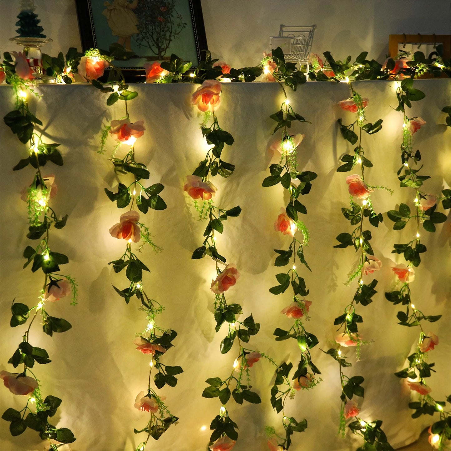 200cm Rose Artificial Flowers Vine LED String Lights For Wedding Garland Home Decor Fake Rose Rattan Hanging Wall Arch Ornament