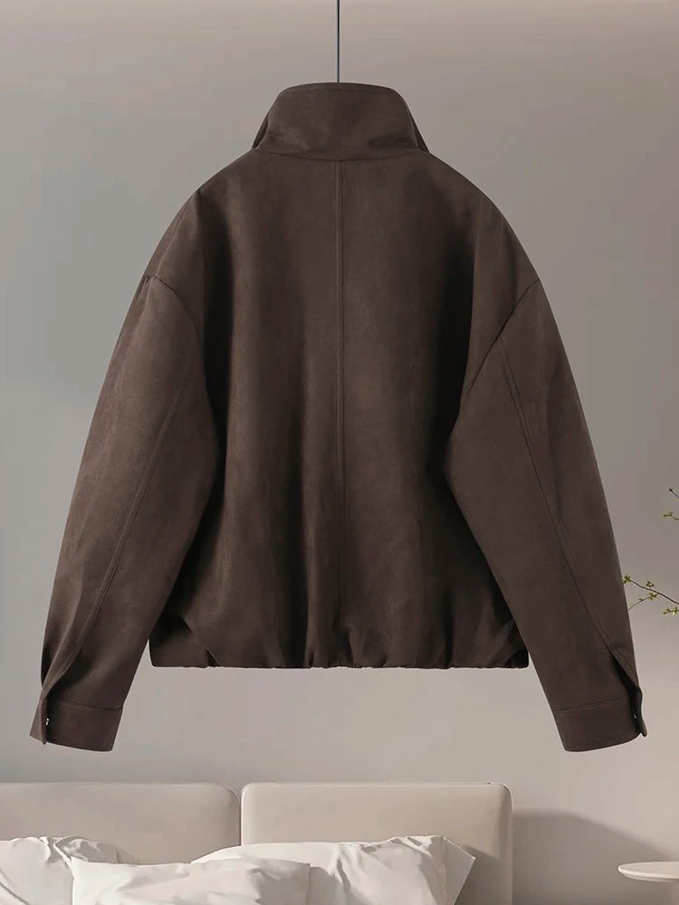 Stand Collar Long Sleeve Zipper Coat Women Elegant Pocket Ruched Loose Fitting Bomber Jacket Fashionable Ladies Autumn Outerwear