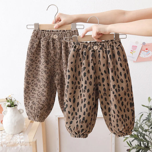 Korean Style Toddler Girls Corduroy Harem Pants 1-8Y Leopard Floral Print Autumn Winter Fleece-Lined or Thin Casual Pants