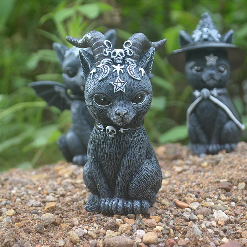 Black Cat Statue Mysterious Cute Cat Witch Cat Figurine Witches Decor Desk Ornament Hand-Painted Sculpture for Halloween 1PC