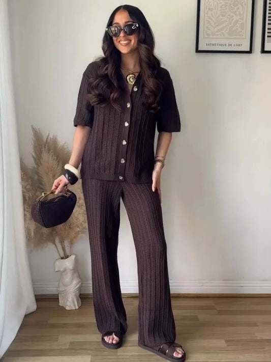 Fashion Knitted Long Pants Sets For Women Elegant Short Sleeve Lapel Single Breasted Cardigan Wide Leg Trousers 2 Pieces Suits