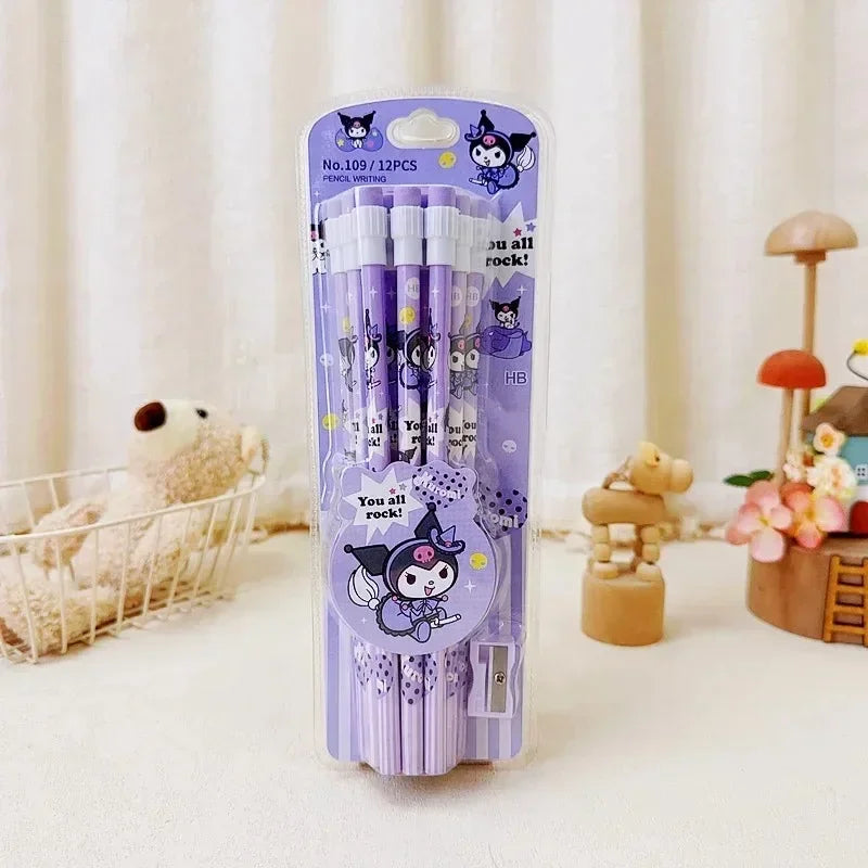 12Pcs Sanrio My Melody Wood Pencil HB with Rubber and Pencil Sharpener Cartoon Student Pencils School Student Stationery