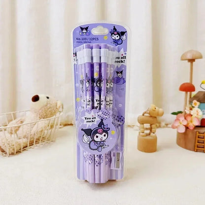 12Pcs Sanrio My Melody Wood Pencil HB with Rubber and Pencil Sharpener Cartoon Student Pencils School Student Stationery