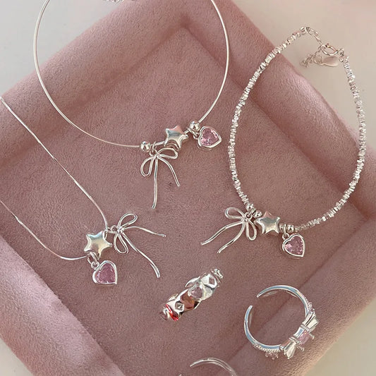 925 Sterling Silver Bracelet Bowtie Ribbon Pink Heart Star Cute Geometric For Woman Girl Fashion Jewelry Gift Dropship Wholesale