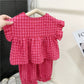 Summer Spring Baby Girls Cotton Loose Red Plaid Ruffle Sleeves Shirt Tops+Crop Pant Sets Child Outfit Kids 2PCS Tracksuit 2-10Yr
