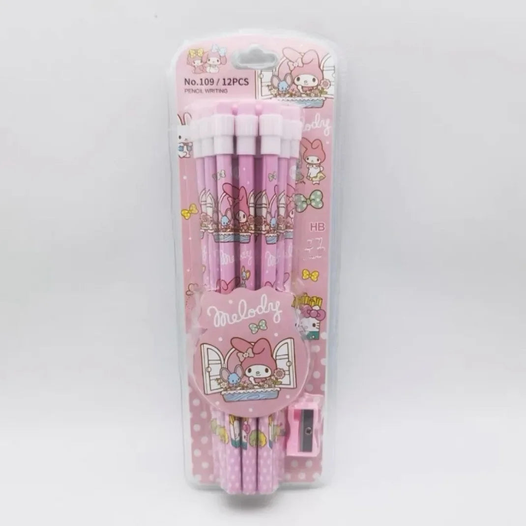 12Pcs Sanrio My Melody Wood Pencil HB with Rubber and Pencil Sharpener Cartoon Student Pencils School Student Stationery