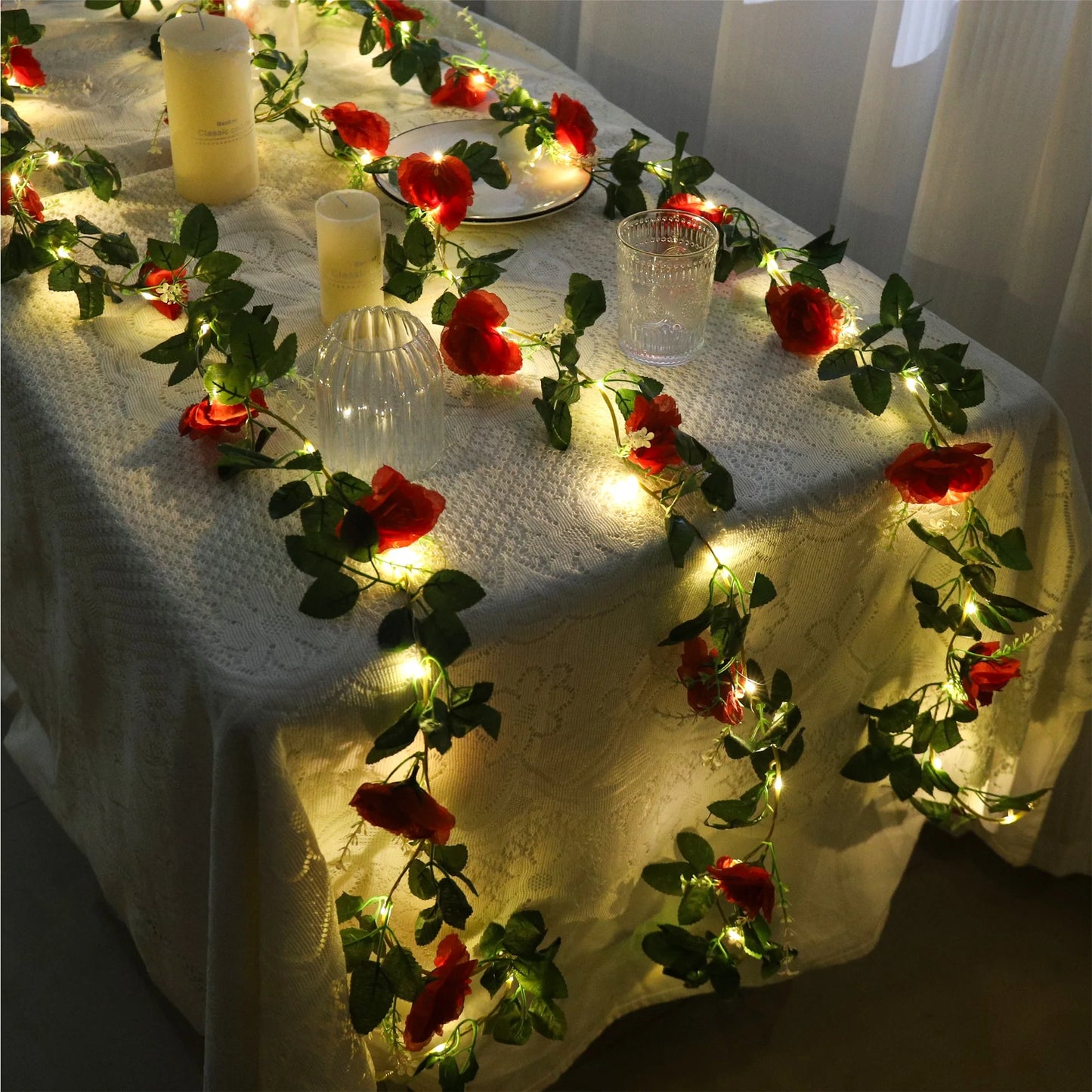 200cm Rose Artificial Flowers Vine LED String Lights For Wedding Garland Home Decor Fake Rose Rattan Hanging Wall Arch Ornament