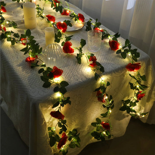 200cm Rose Artificial Flowers Vine LED String Lights For Wedding Garland Home Decor Fake Rose Rattan Hanging Wall Arch Ornament