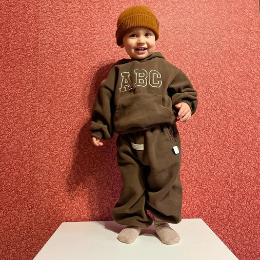 Children's Fleece Suits Insulated Baby Boy Winter Clothes Sets Letters Pullover Hoodie Sweater Top Pants Outfit Girl Tracksuit