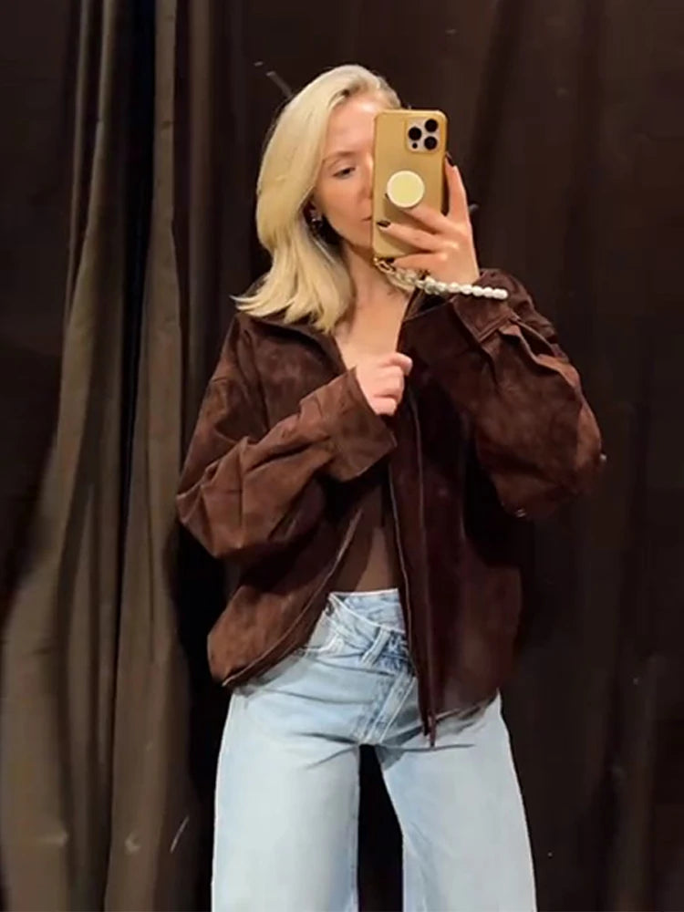 Stand Collar Long Sleeve Zipper Coat Women Elegant Pocket Ruched Loose Fitting Bomber Jacket Fashionable Ladies Autumn Outerwear
