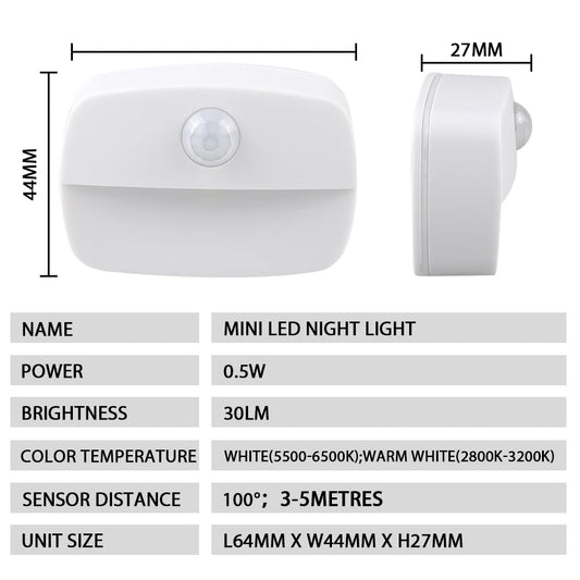 Mini LED Night Lamp Motion Sensor Light Indoor AAA Battery Powered Bedroom Wall Staircase Closet Aisle Body Induction Lamp