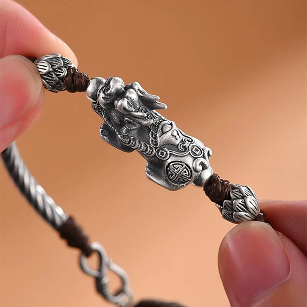 Vintage Beaded 925 Silver Bracelet for Men Lucky Kylin Copper Coins Buddha Wrist Bead Chain Men Party Jewelry Gift