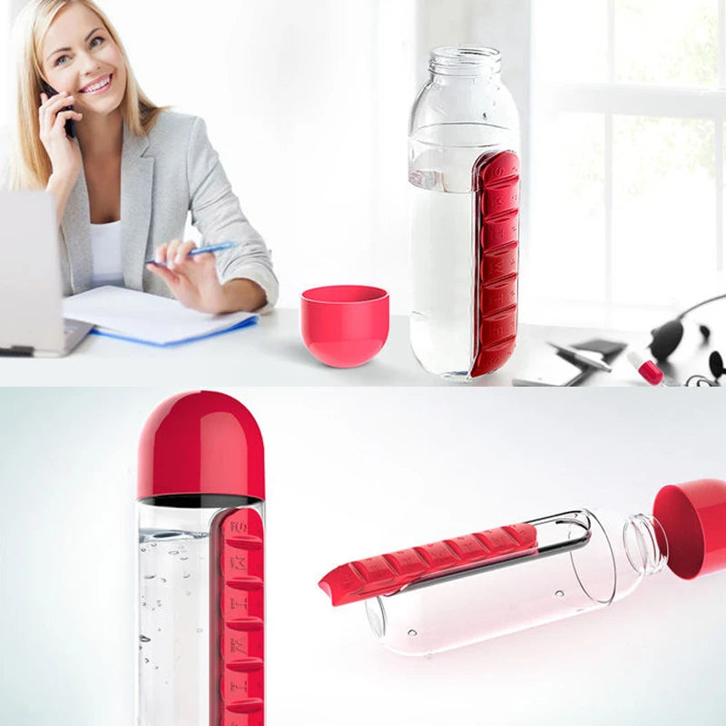 2 in 1 600ml 7 Grids Medicine Box Water Cup Sports Plastic Water Bottle Combine Daily Pill Boxes Organizer Drinking Bottles