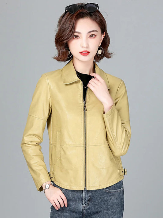 New Women Sheepskin Jacket Spring Autumn 2025 Fashion Casual Long Sleeve Short Zipper Leather Coat Loose Split Leather Outerwear