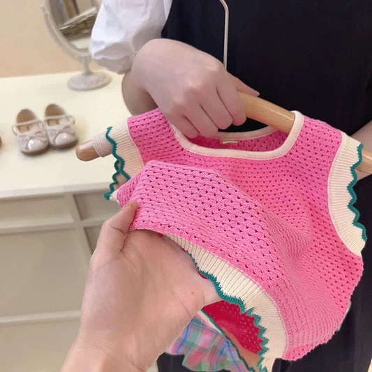 Girl's Clothing Sets 2025 Summer Korean Pink Thin Knitted Girl Set Children Hollow Breathable Vest +Flower Bud Shorts Two-piece