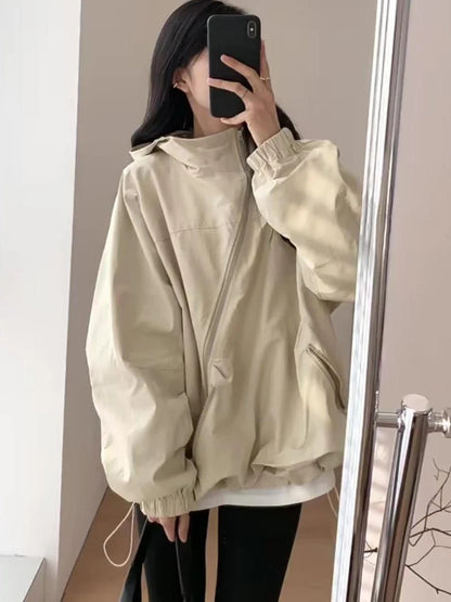 Jackets Women Solid Loose Hooded Simple Zippers Spring Leisure Pockets Japanese Style Attractive Creativity Fashion All-match