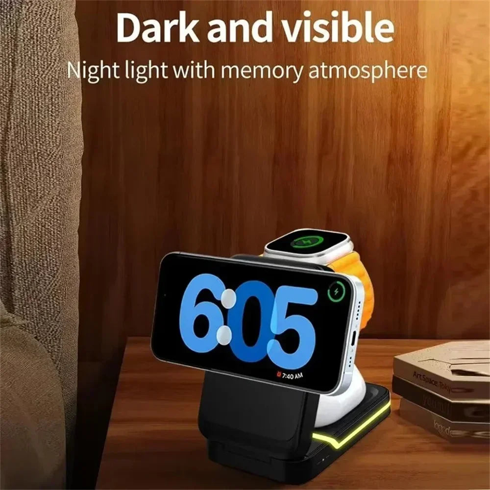 3in1 Magnetic Wireless Charger Station 30W Fast Charging for iPhone 16 15 14 Pro Max iWatch AirPods Phone Adapter Stand