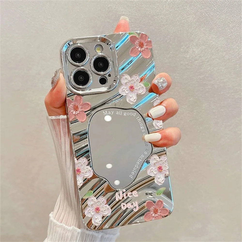 Luxury Flower Make Up Mirror Phone Case For iPhone 13 11 15 14 16 Pro Max 12 16promax 15promax 14promax Shockproof Funda Cover