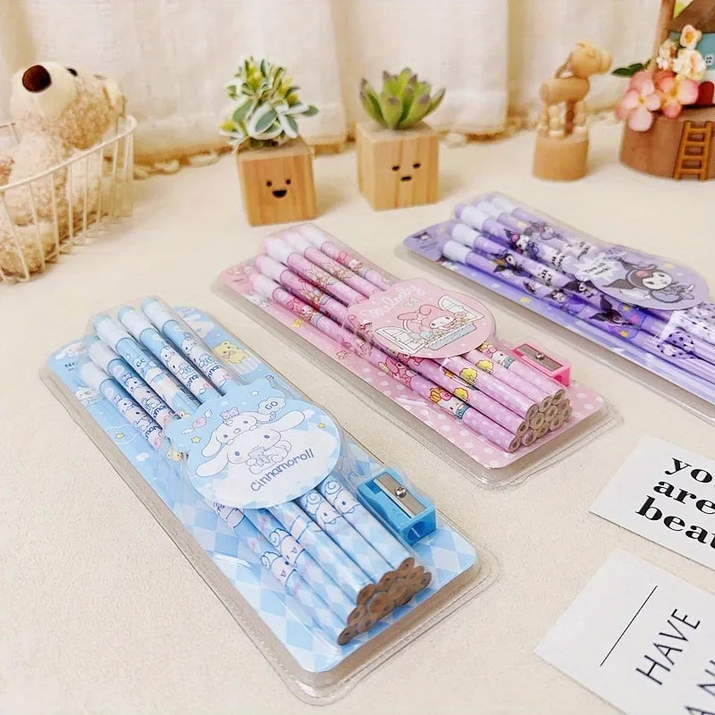 12Pcs Sanrio My Melody Wood Pencil HB with Rubber and Pencil Sharpener Cartoon Student Pencils School Student Stationery