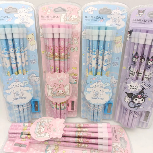 12Pcs Sanrio My Melody Wood Pencil HB with Rubber and Pencil Sharpener Cartoon Student Pencils School Student Stationery
