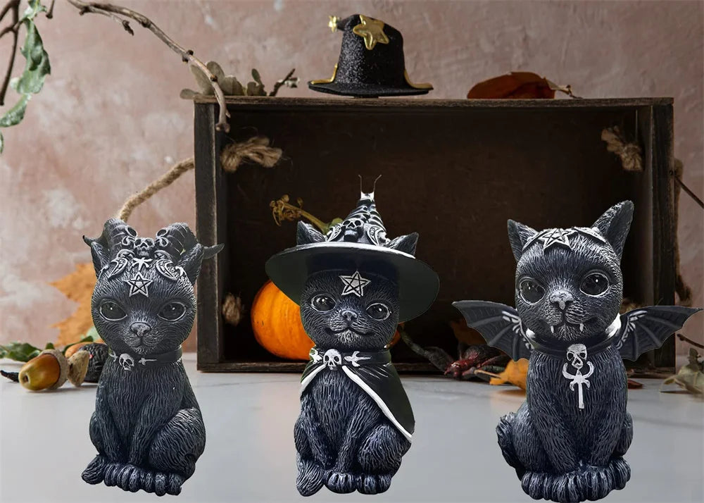 Black Cat Statue Mysterious Cute Cat Witch Cat Figurine Witches Decor Desk Ornament Hand-Painted Sculpture for Halloween 1PC