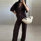 Fashion Knitted Long Pants Sets For Women Elegant Short Sleeve Lapel Single Breasted Cardigan Wide Leg Trousers 2 Pieces Suits