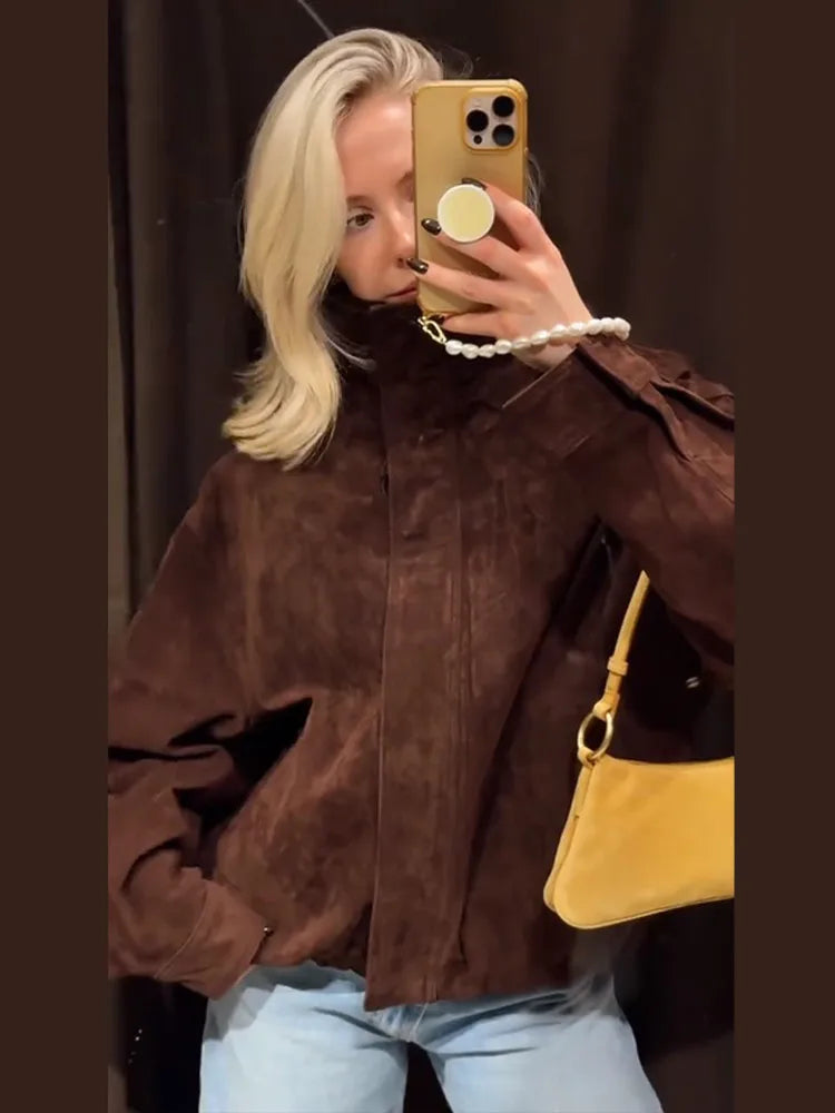 Stand Collar Long Sleeve Zipper Coat Women Elegant Pocket Ruched Loose Fitting Bomber Jacket Fashionable Ladies Autumn Outerwear