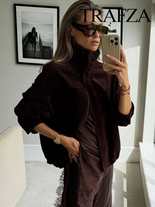 TRAFZA Women Autumn Casual Loose Coats Female Fashion High Collar Zipper Side Pocket Design Jackets Solid Street Style Coats