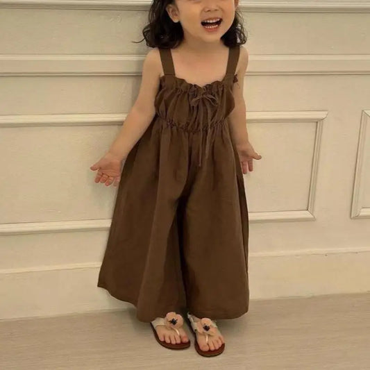 2025 Summer New Girls Jumpsuit Loose Children Wide Leg Pants Cotton Baby Girls Sling Pants Fashion Kids Clothes