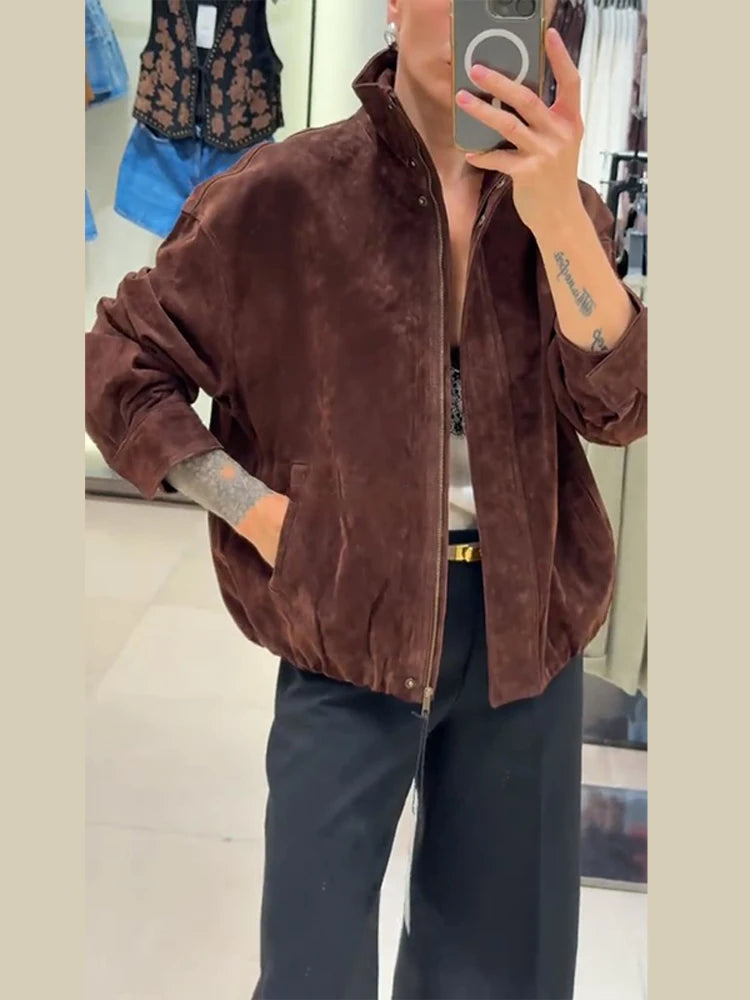 Stand Collar Long Sleeve Zipper Coat Women Elegant Pocket Ruched Loose Fitting Bomber Jacket Fashionable Ladies Autumn Outerwear
