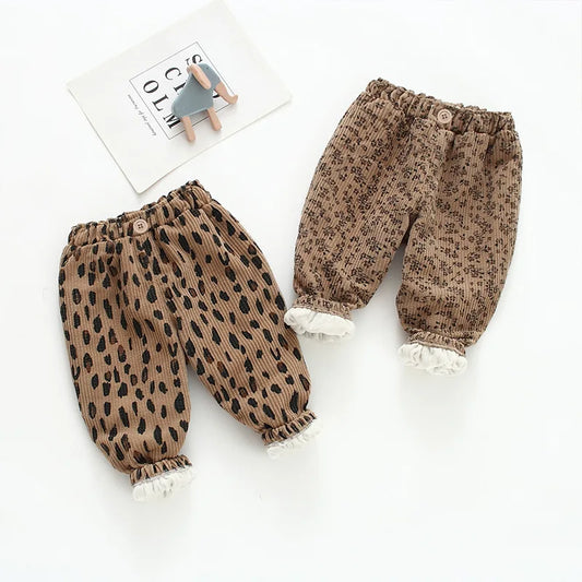 Korean Style Toddler Girls Corduroy Harem Pants 1-8Y Leopard Floral Print Autumn Winter Fleece-Lined or Thin Casual Pants