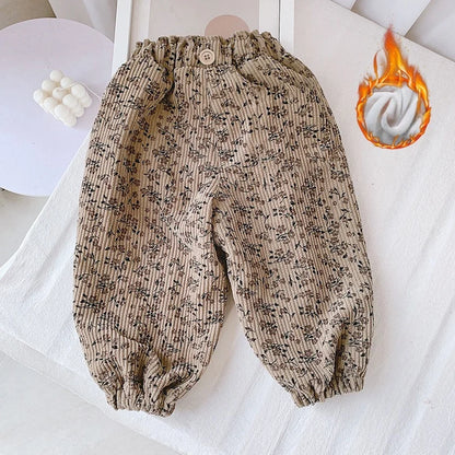 Korean Style Toddler Girls Corduroy Harem Pants 1-8Y Leopard Floral Print Autumn Winter Fleece-Lined or Thin Casual Pants