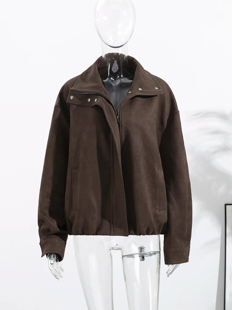 Stand Collar Long Sleeve Zipper Coat Women Elegant Pocket Ruched Loose Fitting Bomber Jacket Fashionable Ladies Autumn Outerwear