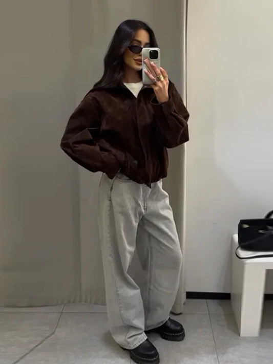 Stand Collar Long Sleeve Zipper Coat Women Elegant Pocket Ruched Loose Fitting Bomber Jacket Fashionable Ladies Autumn Outerwear