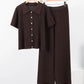 Fashion Knitted Long Pants Sets For Women Elegant Short Sleeve Lapel Single Breasted Cardigan Wide Leg Trousers 2 Pieces Suits