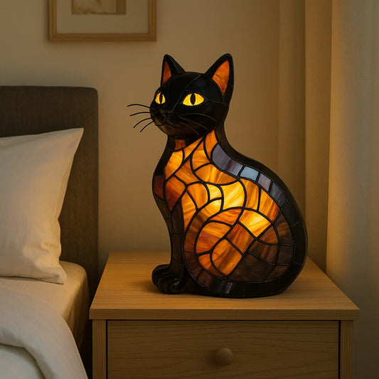 New Durable Stained Glass Cat Lamp Cats Stained Resin 3D Cute Tabletop Retro High Quality Pet Led Table Light Home Bedroom