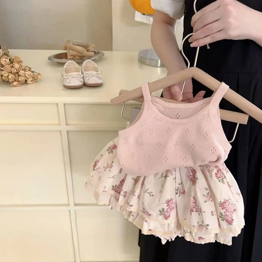 Ins Summer Toddler Girl Outfit 2024 Hollow Cool Slip Tees Lace Rose Flower Bud Shorts Baby Girl 2PCS Clothes Set Kid Girl Suits