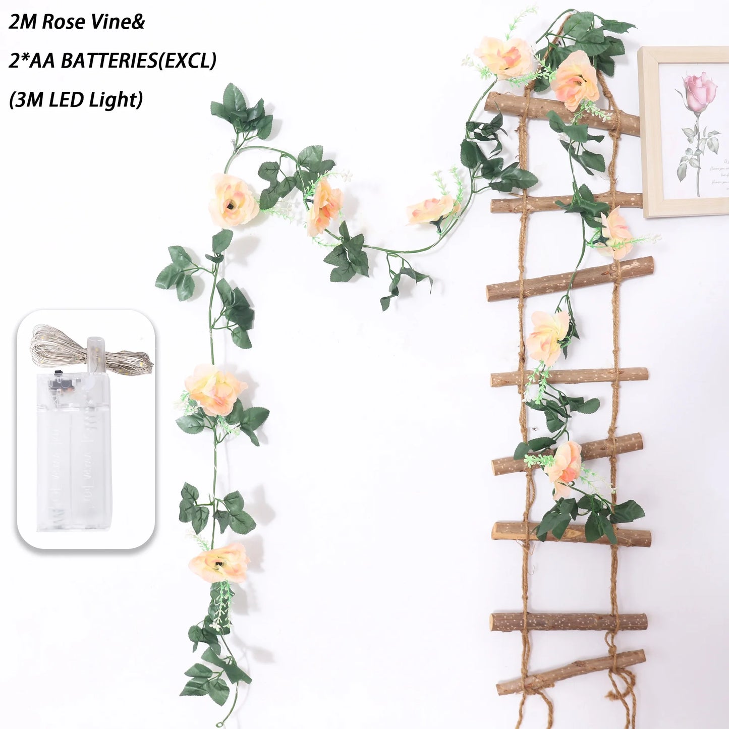 200cm Rose Artificial Flowers Vine LED String Lights For Wedding Garland Home Decor Fake Rose Rattan Hanging Wall Arch Ornament
