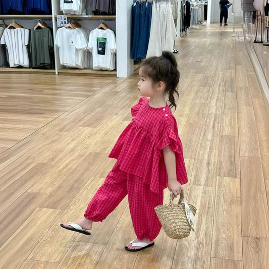Summer Spring Baby Girls Cotton Loose Red Plaid Ruffle Sleeves Shirt Tops+Crop Pant Sets Child Outfit Kids 2PCS Tracksuit 2-10Yr