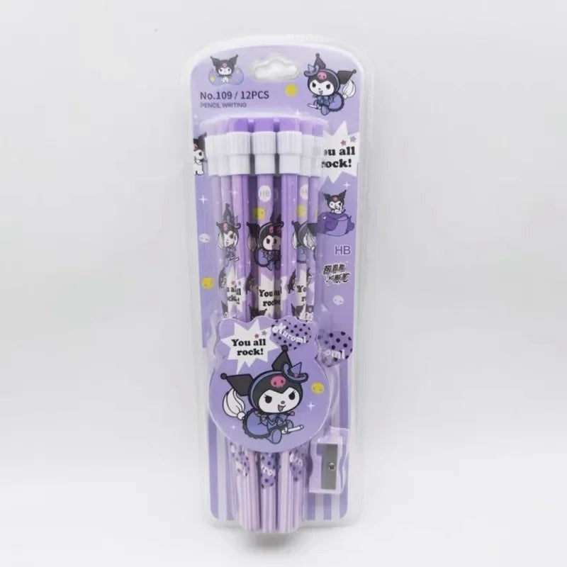 12Pcs Sanrio My Melody Wood Pencil HB with Rubber and Pencil Sharpener Cartoon Student Pencils School Student Stationery