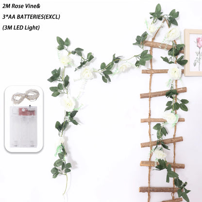 200cm Rose Artificial Flowers Vine LED String Lights For Wedding Garland Home Decor Fake Rose Rattan Hanging Wall Arch Ornament