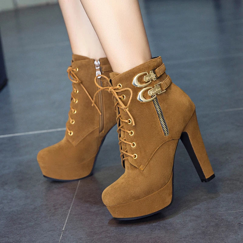 Fashion Women's Ankle Boots High Heeled Platform Short Boot Female Buckle Flock Zipper Gray Ladies Party Shoes Large Size 50