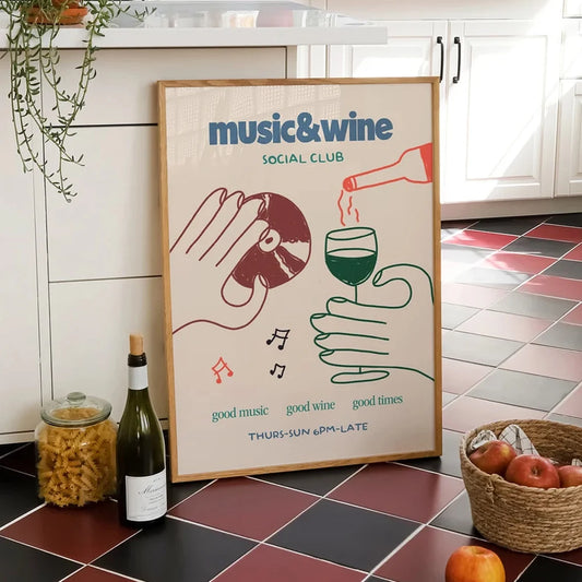 1PC Frameless Retro Music & Wine Illustration Posters Canvas Painting Wine Hand Drawn Print Wall Art Home Kitchen Club Bar Decor