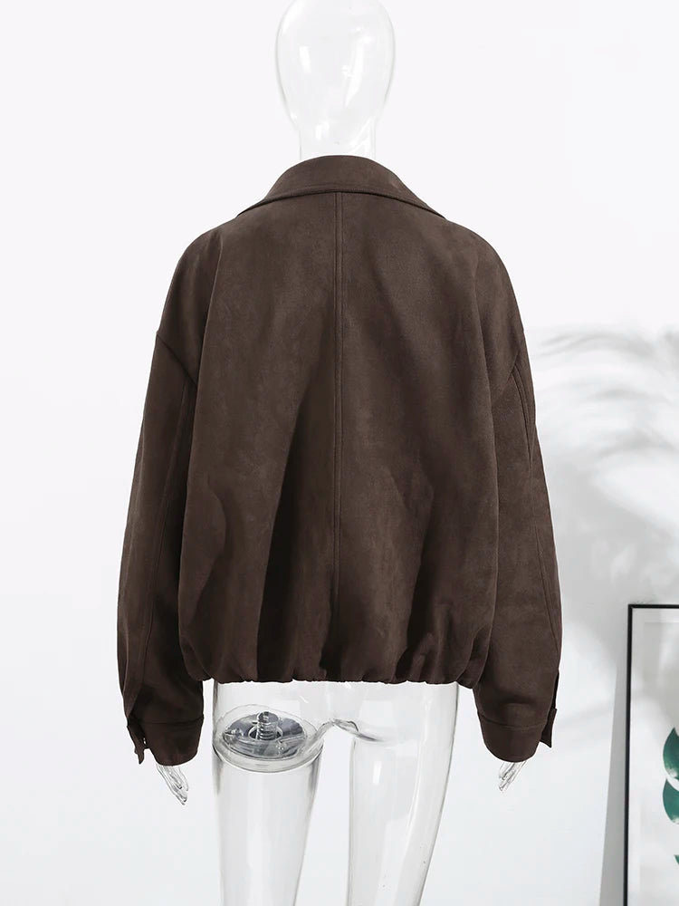 Stand Collar Long Sleeve Zipper Coat Women Elegant Pocket Ruched Loose Fitting Bomber Jacket Fashionable Ladies Autumn Outerwear