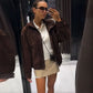 Stand Collar Long Sleeve Zipper Coat Women Elegant Pocket Ruched Loose Fitting Bomber Jacket Fashionable Ladies Autumn Outerwear