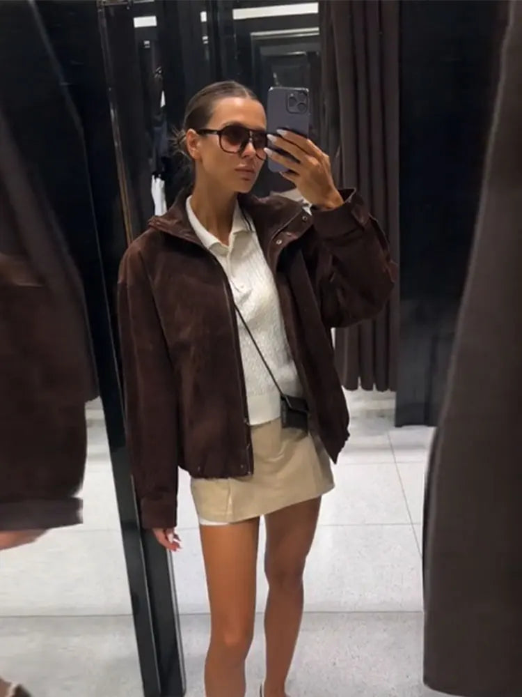 Stand Collar Long Sleeve Zipper Coat Women Elegant Pocket Ruched Loose Fitting Bomber Jacket Fashionable Ladies Autumn Outerwear